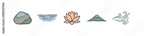 Drawn nature icons: stone, water, lotus, mountain, wind