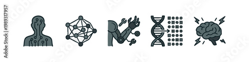 Doodle icons for science, tech, AI: human, network, robot, DNA