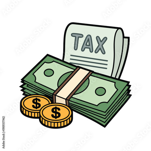 Tax documents are displayed alongside a stack of dollar bills and two round gold currency coins.