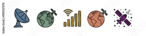 Colored technology and communication icons: satellite, earth, signal