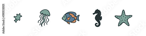 Colorful hand-drawn sea life icons: sea star, jellyfish, clownfish, seahorse, coral