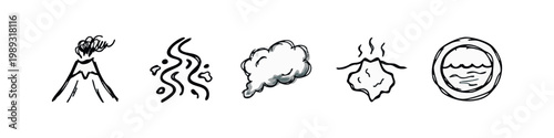 Hand-drawn icons representing elements: volcano, river, smoke cloud, lava, and water