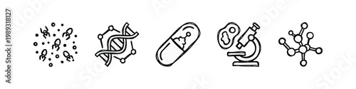 Hand-drawn science and medical icons: bacteria, dna, pill, microscope, molecule