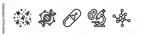 Line art icons of science and medical elements: bacteria, dna, pill, microscope, molecule