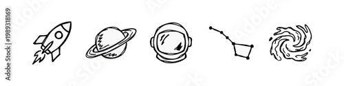 Hand-drawn space exploration icons: rocket, planet, astronaut helmet, constellation, galaxy