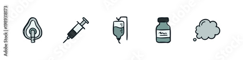 Drawn medical icons: oxygen mask, syringe, IV drip, medicine bottle, thought bubble