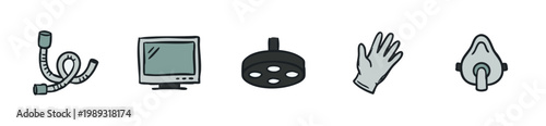 Drawn medical equipment icons: breathing tube, monitor, surgical light, glove, mask