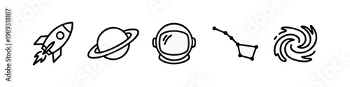 Line art icons of space elements: rocket, planet, astronaut helmet, constellation, galaxy
