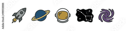 Colorful space icons: rocket, planet, astronaut helmet, constellation, galaxy