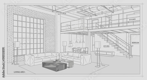Architectural line art blueprint illustration of a modern open-concept loft apartment interior with living room and mezzanine design.