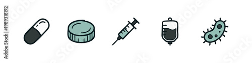 Colorful medical and pharmaceutical icons: pill, bottle cap, syringe, IV bag, bacteria