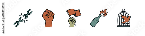 Icons representing protest and freedom: broken chain, fist, flag, molotov, bird in cage.