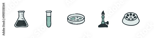 Laboratory equipment icons: flask, test tube, petri dish, burner, centrifuge on white.