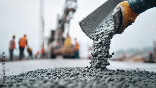Hand pouring wet concrete from shovel on construction site