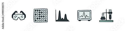 Science and medical icons: goggles, multi-well plate, graph, monitor, test tube stand.