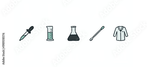 Hand-drawn science icons: dropper, graduated cylinder, flask, swab, lab coat on white.