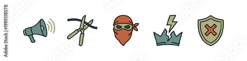 Icons for rebellion and security: megaphone, scissors, bandit, lightning, shield on white.