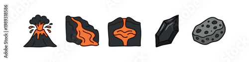 Colored geological icons: volcano, lava flow, rock strata, crystal, meteor on white.