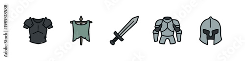 Medieval warrior icons: armor, banner, sword, knight, helmet on white background.