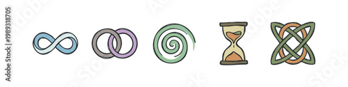 Abstract symbols representing infinity, connection, spiral, time, and knot.