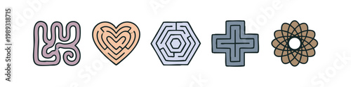 Abstract maze icons: swirl, heart, hexagon, cross, flower on white background.