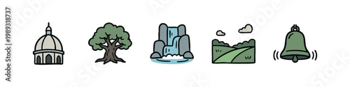 Nature and sound icons: dome building, tree, waterfall, rolling hills, ringing bell.