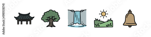 Asian-inspired nature and sound icons: pagoda, tree, waterfall, sun, ringing bell.