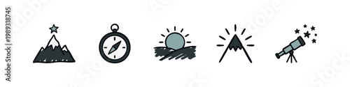 Adventure and success icons: mountain peak with star, compass, sunrise, mountain, and telescope.