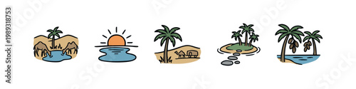 Desert oasis and travel icons: camels, oasis, palm trees, stones, water.