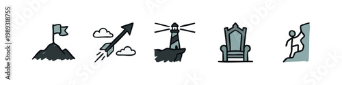 Icons of achievement and leadership: flag on mountain, arrow, lighthouse, throne, rock climber.