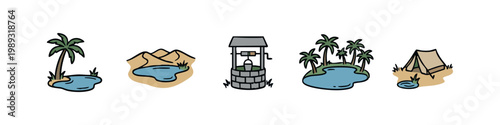 Desert oasis and camping icons: palm tree, desert pond, well, oasis, tent.