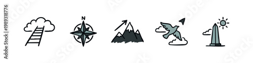 Icons representing progress and aspiration: ladder to cloud, compass, mountain ascent, bird, skyscraper.