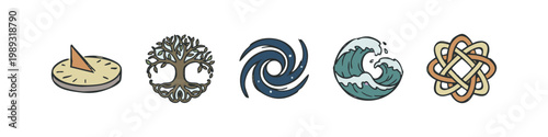 Nature and time symbols: sundial, tree of life, vortex, wave, and celtic knot.