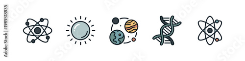 Doodle Icons: Atom Model, Sun, Planets Orbiting, DNA Helix