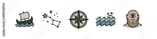 Ancient Greece icons: ship, constellation, compass, island, cyclops
