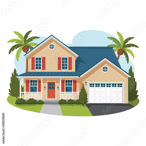 House features a two story exterior with a garage and palm trees in a residential neighborhood area.
