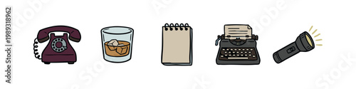 Detective icons: rotary phone, whiskey, notebook, typewriter, flashlight
