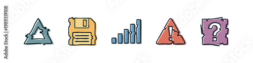 Technology and data icons: floppy disk, bar chart, alert, question mark