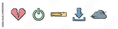 Digital and technology icons: pixel heart, power button, download, cloud