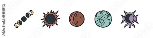 Icons related to celestial events and observation: solar eclipse phases, sun, earth, alien symbol