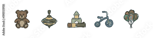 Hand-drawn icons of children's toys: teddy bear, spinning top, building blocks, tricycle, balloons
