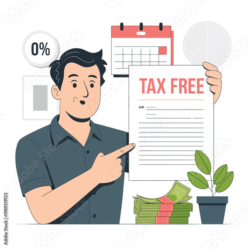 Businessman points at a tax free document while standing near a stack of cash and a potted plant.