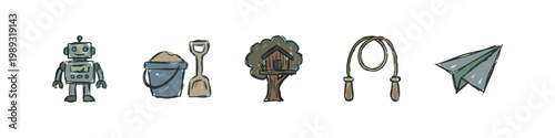 Hand-drawn icons of children's toys and activities: robot, sand bucket, treehouse, jump rope, paper airplane