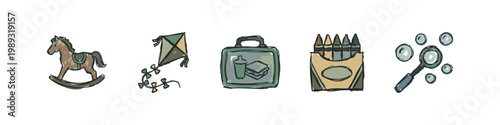 Hand-drawn icons of children's toys and activities: rocking horse, kite, lunchbox, crayons, bubbles