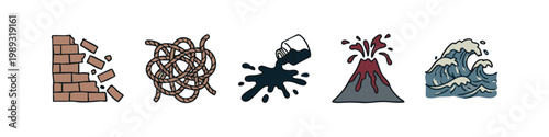 Icons related to destruction and natural forces: crumbling brick wall, coiled rope, spilled ink, erupting volcano, ocean wave