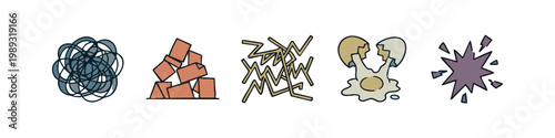 Icons representing chaos and destruction: tangled lines, stacked bricks, broken structure, cracked egg, explosion