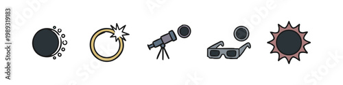 Icons for observing solar eclipse: eclipse phases, telescope, glasses, sun