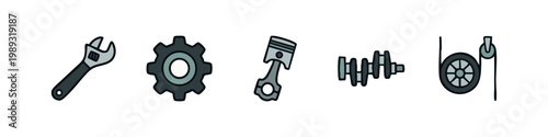 Mechanical engineering icons: adjustable wrench, gear, piston, crankshaft, pulley