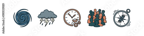 Icons related to natural disasters and time: hurricane, thunderstorm, broken clock, crowd, compass