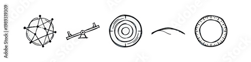 Doodle icons: network, seesaw, target, curve, gear